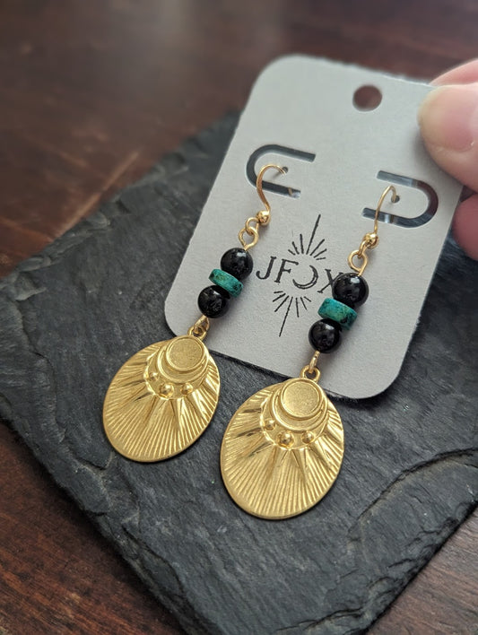 Onyx and Green Turquoise Brass Sun Earrings