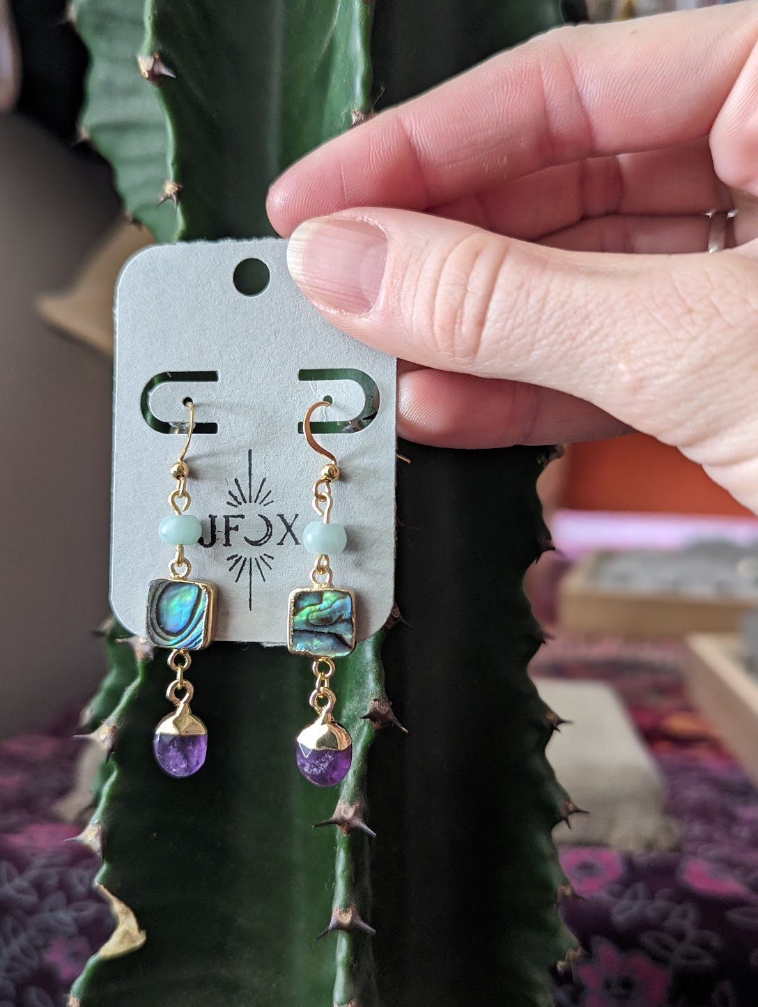 Aquamarine, Abalone, Amethyst Trio Earrings