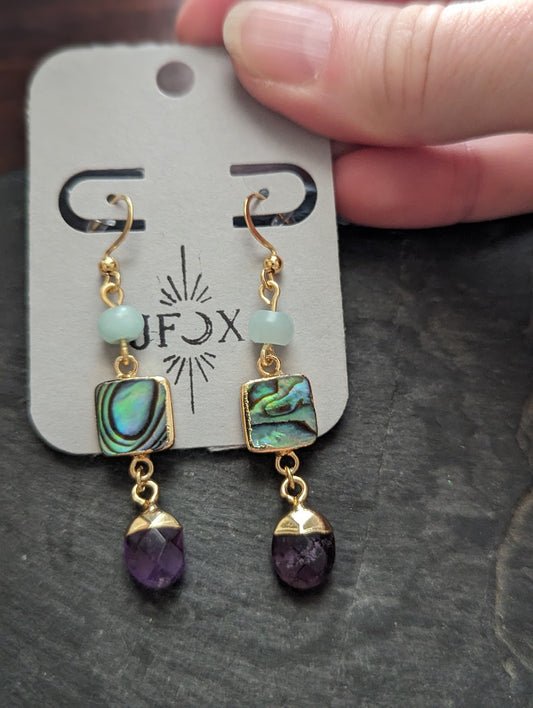 Aquamarine, Abalone, Amethyst Trio Earrings