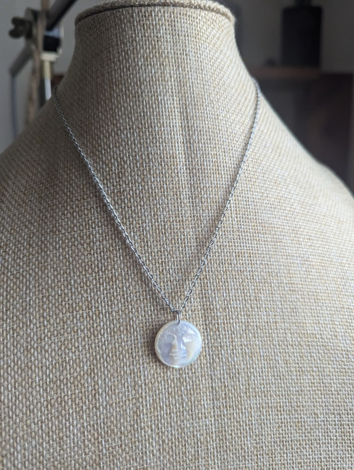 Carved Mother of Pearl Full Moon Necklace (Gold or Silver)