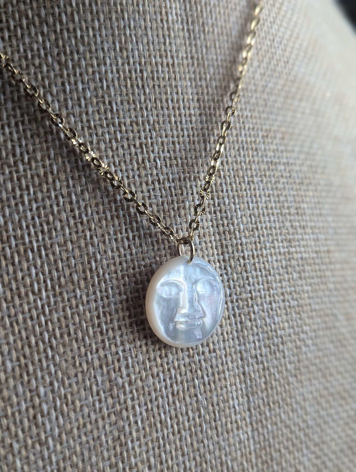 Carved Mother of Pearl Full Moon Necklace (Gold or Silver)