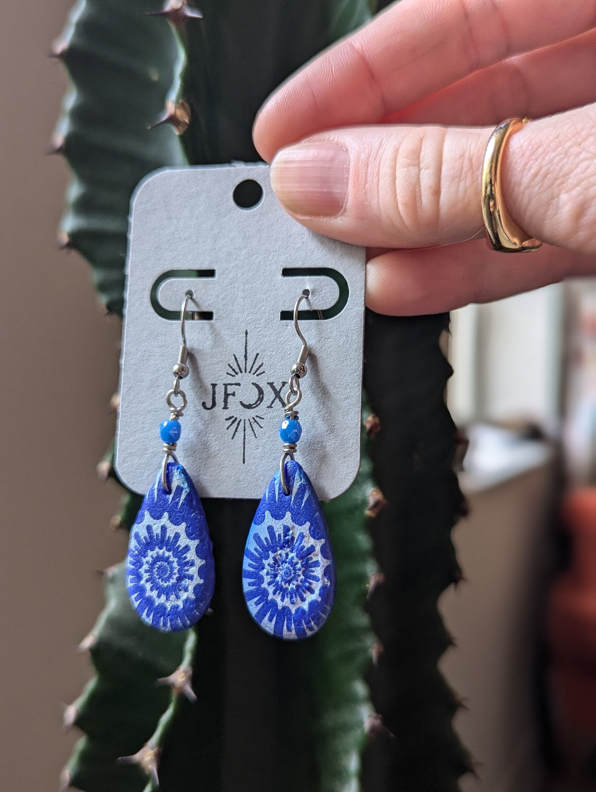 Cobalt Textured Czech Glass Laser Etched Ammonite Earrings