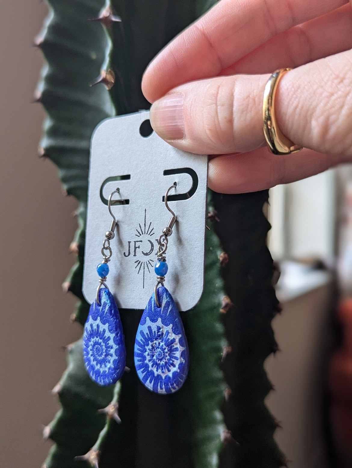 Cobalt Textured Czech Glass Laser Etched Ammonite Earrings