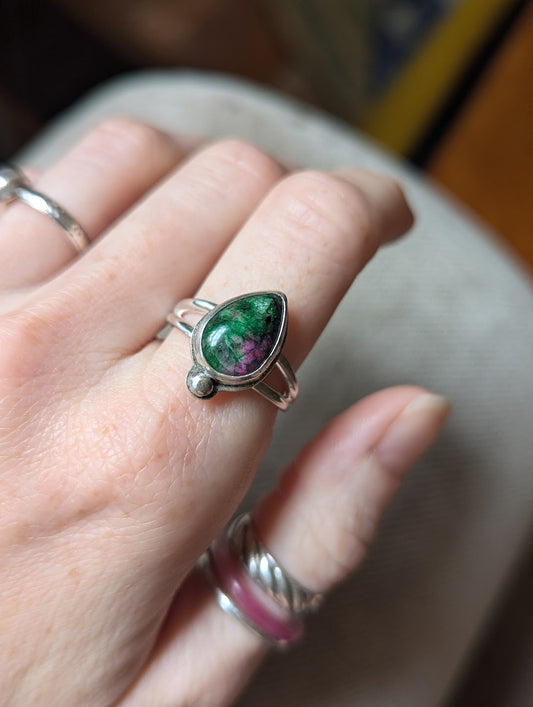 Ruby Zoisite Tear Drop Sterling Silver Ring - Size 9.5