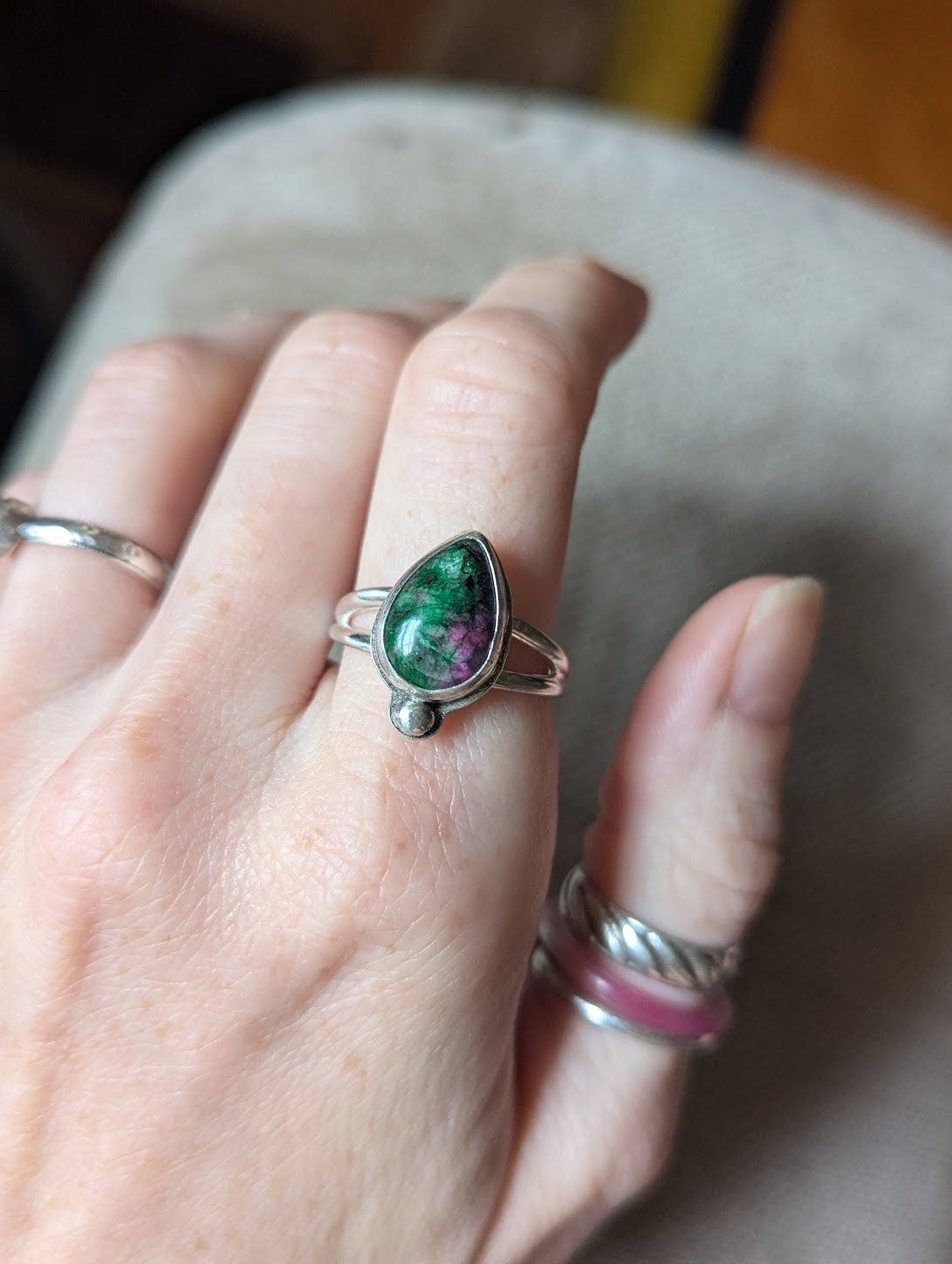 Ruby Zoisite Tear Drop Sterling Silver Ring - Size 9.5