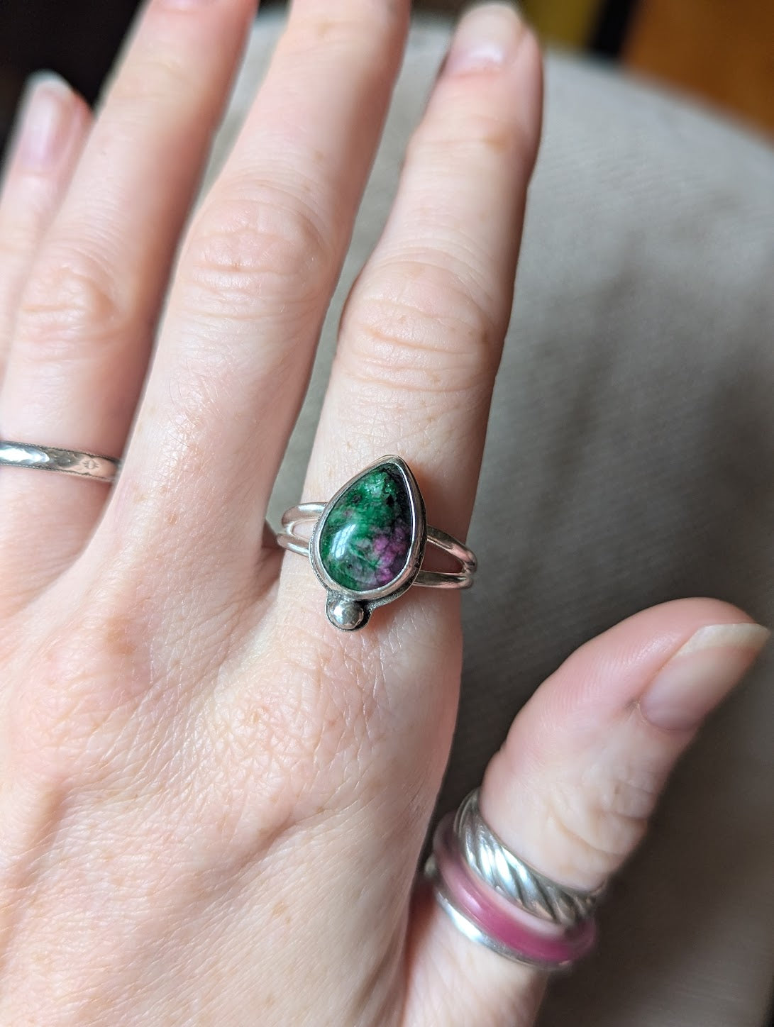 Ruby Zoisite Tear Drop Sterling Silver Ring - Size 9.5