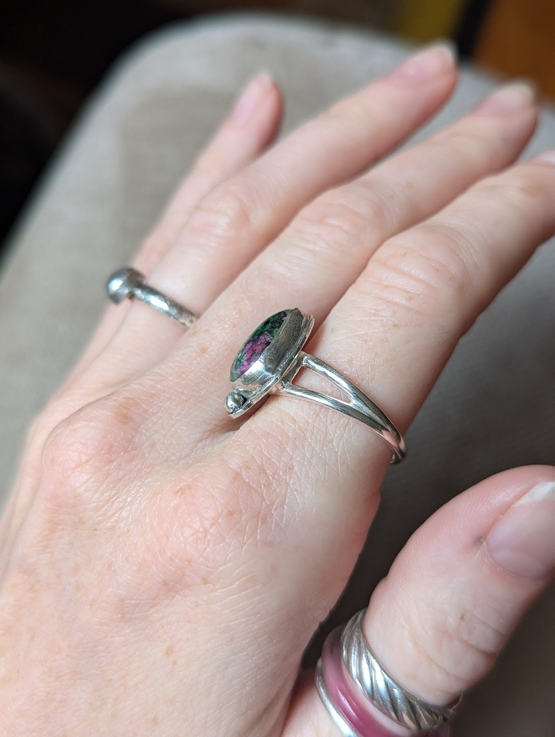 Ruby Zoisite Tear Drop Sterling Silver Ring - Size 9.5