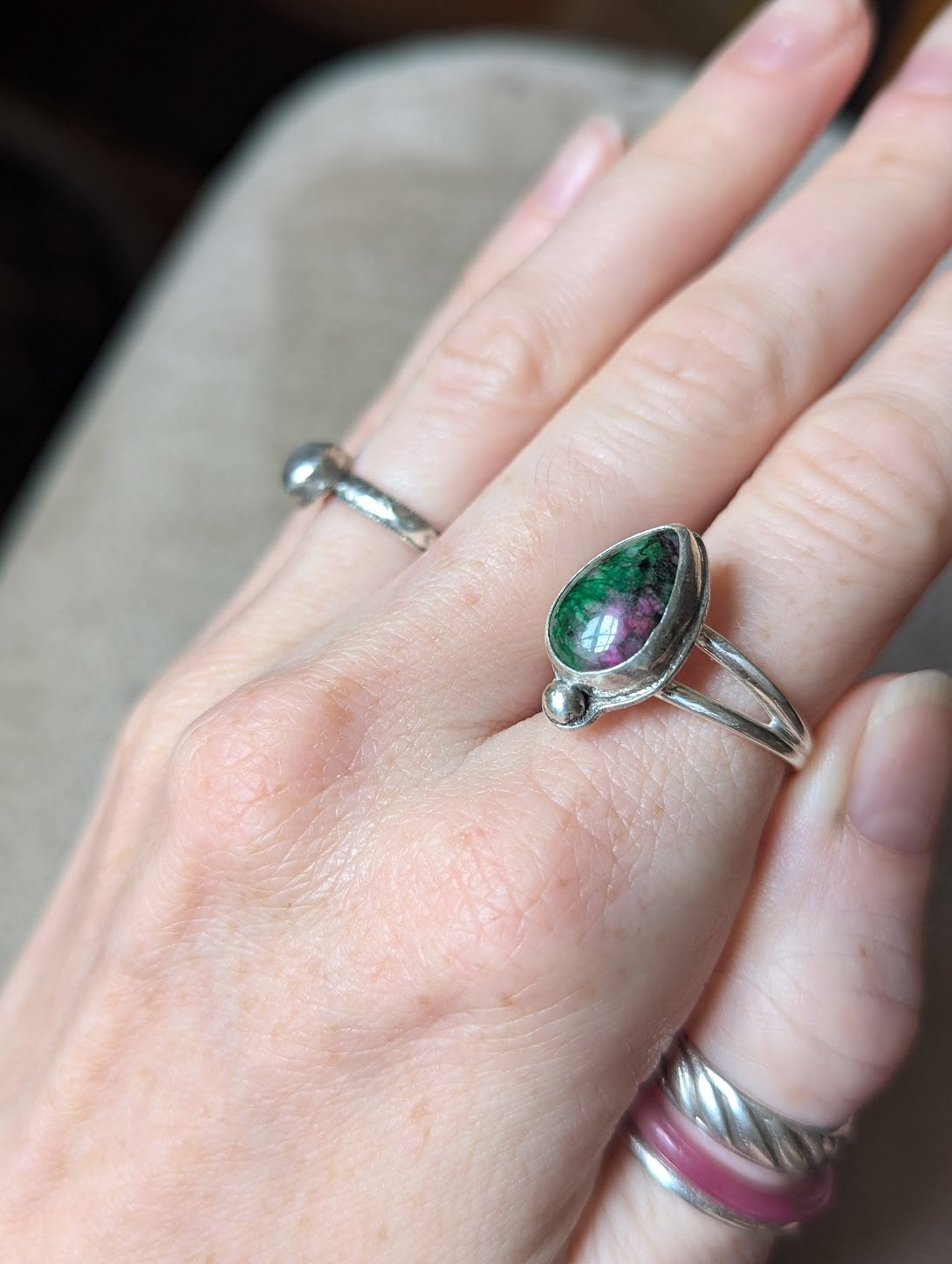 Ruby Zoisite Tear Drop Sterling Silver Ring - Size 9.5