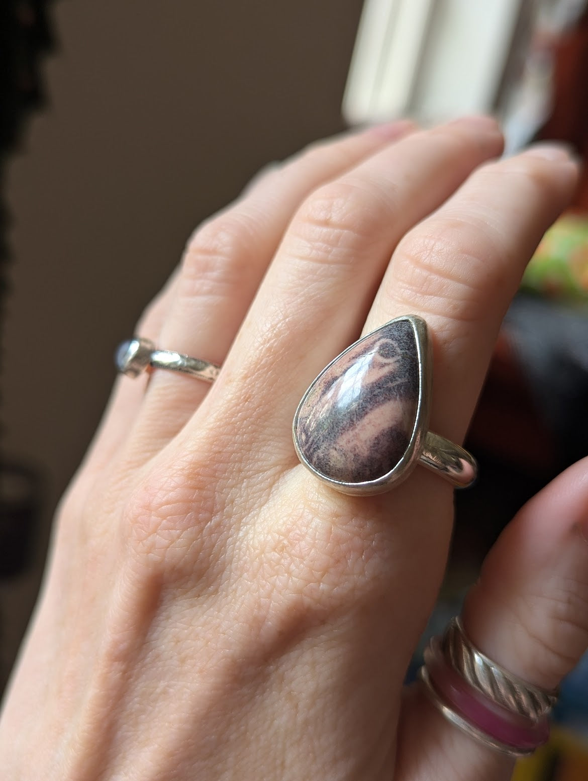 Porcelain Jasper Tear Drop Sterling Silver Ring - Size 10