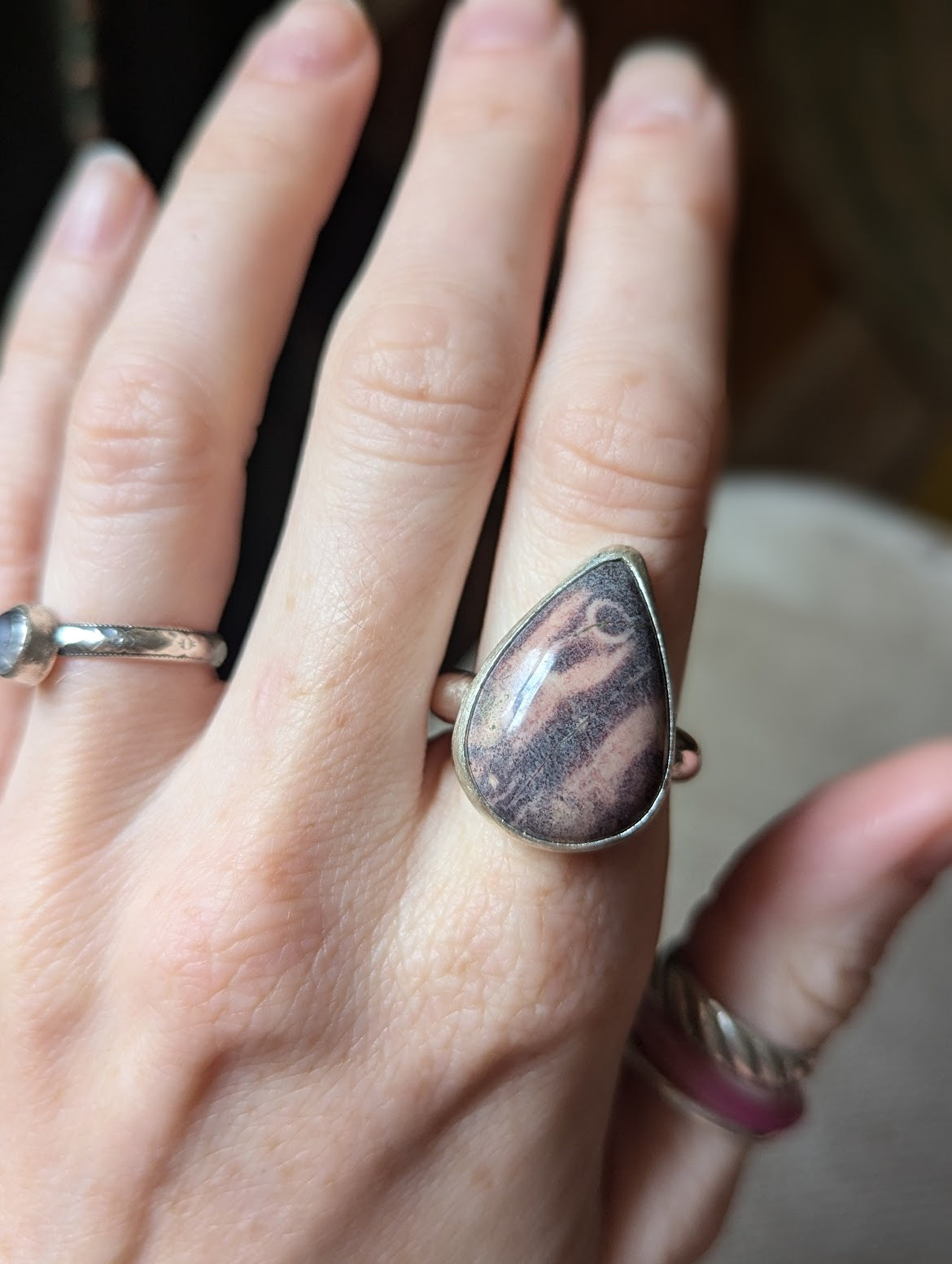 Porcelain Jasper Tear Drop Sterling Silver Ring - Size 10