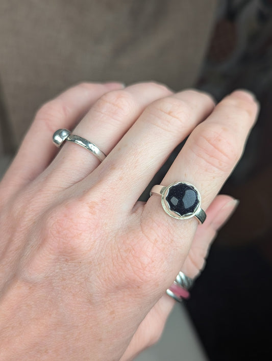 12mm Round Blue Goldstone Sterling Silver Ring - Size 6.5