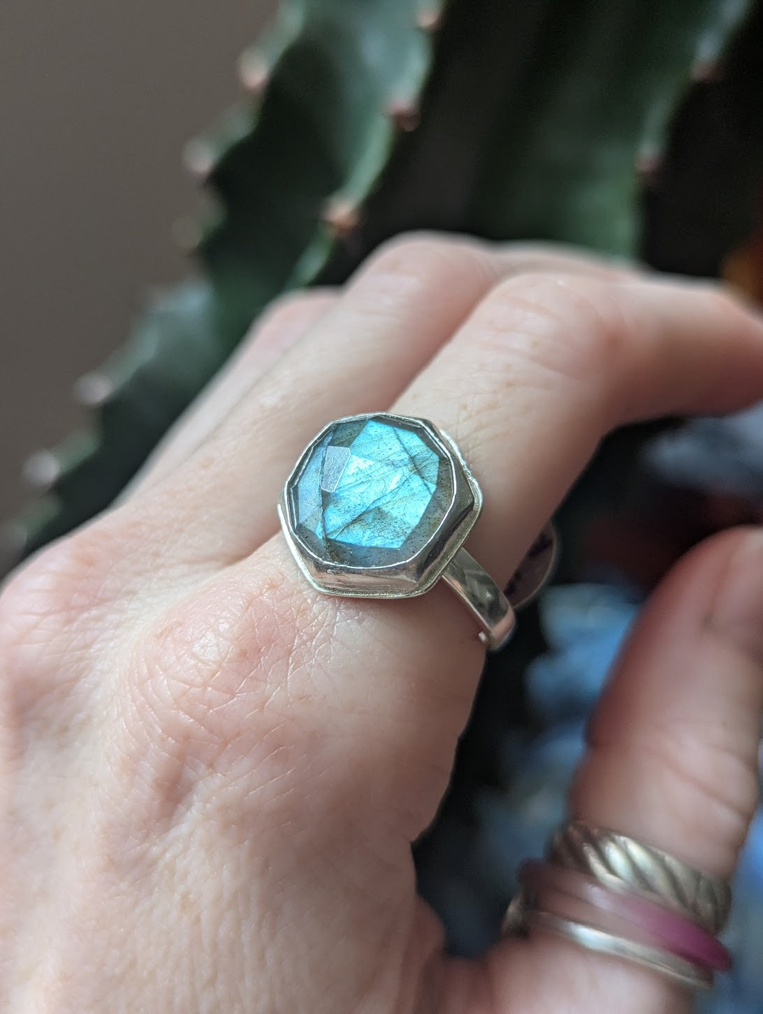 Faceted Labradorite Hexagon Silver Ring Size 9.5