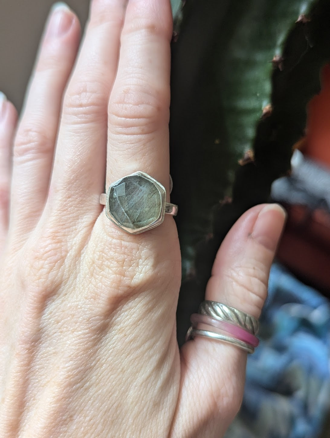 Faceted Labradorite Hexagon Silver Ring Size 9.5