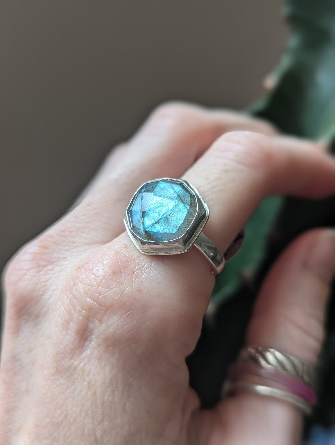 Faceted Labradorite Hexagon Silver Ring Size 9.5