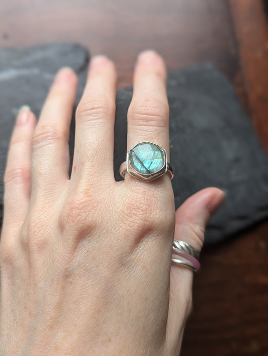 Faceted Labradorite Hexagon Silver Ring Size 9.5