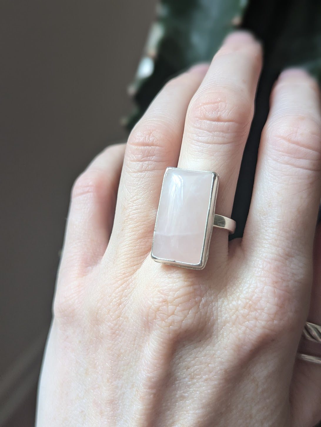 Rose Quartz Rectangular Sterling Silver Ring - Size 7.5