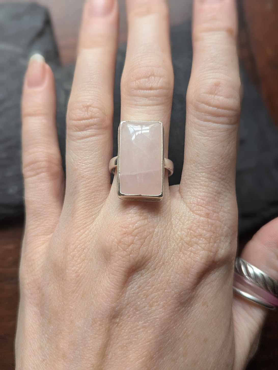 Rose Quartz Rectangular Sterling Silver Ring - Size 7.5