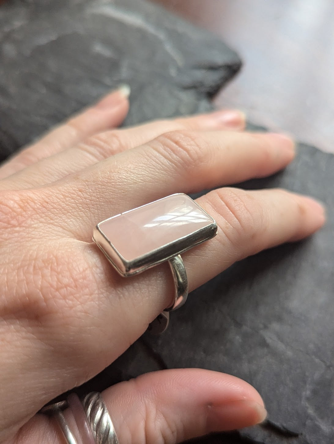 Rose Quartz Rectangular Sterling Silver Ring - Size 7.5