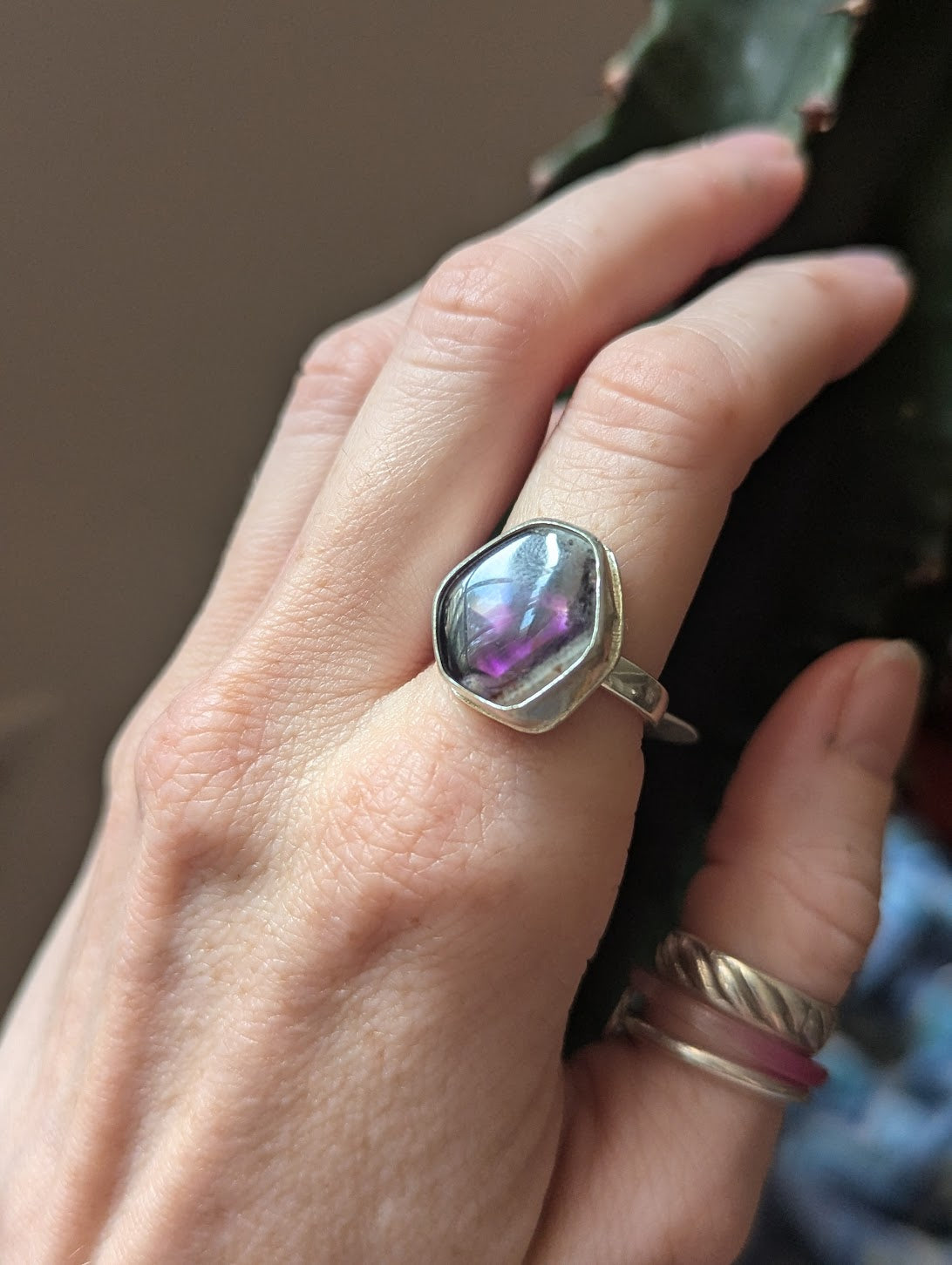 Trapiche Amethyst Hexagon Sterling Silver Ring -Size 8