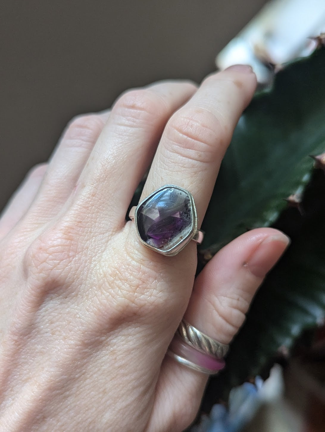 Trapiche Amethyst Hexagon Sterling Silver Ring -Size 8