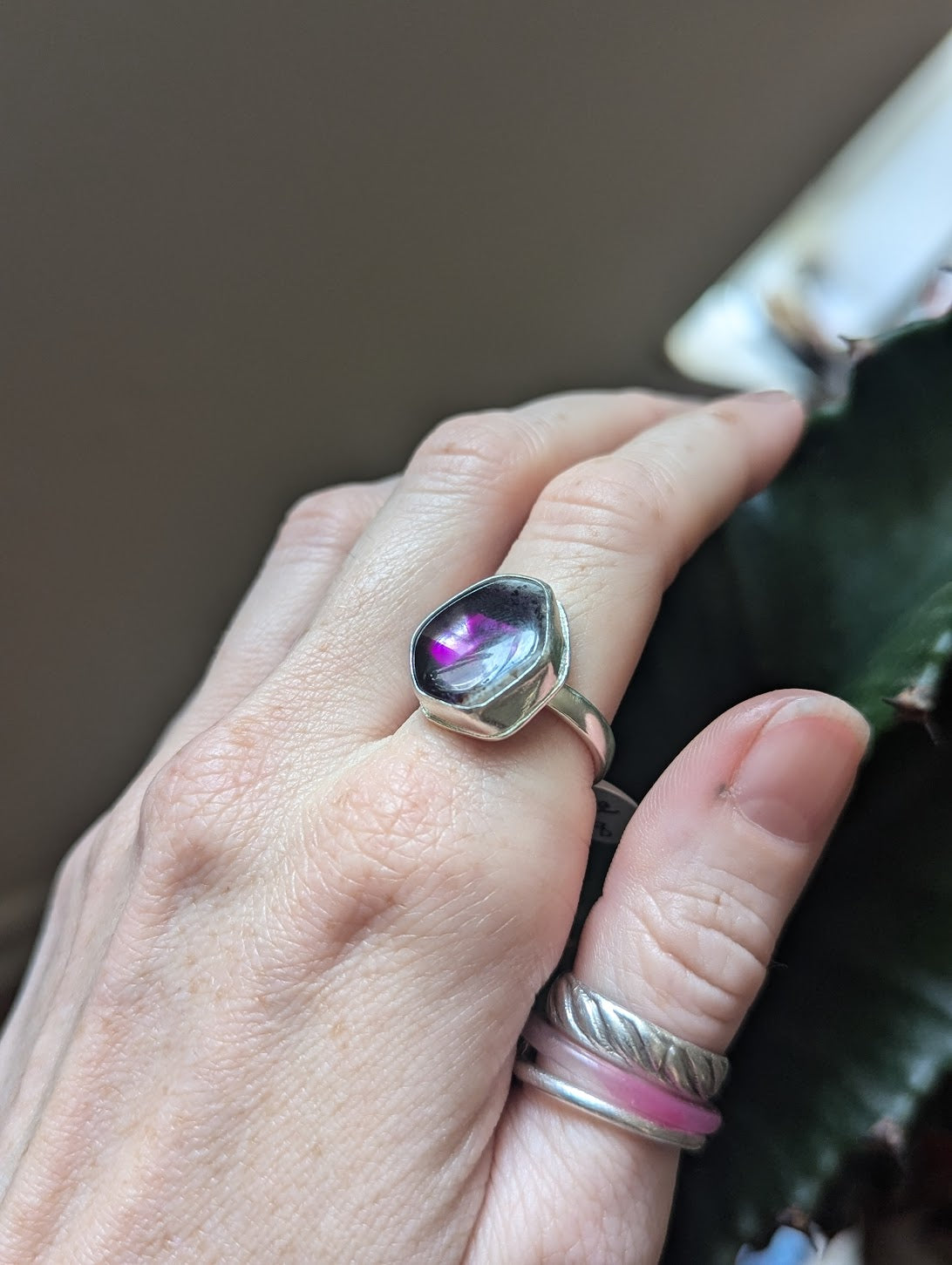 Trapiche Amethyst Hexagon Sterling Silver Ring -Size 8