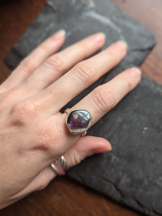 Trapiche Amethyst Hexagon Sterling Silver Ring -Size 8