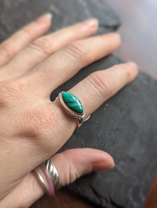 Marquise cut Malachite Sterling Silver Ring - Size 7