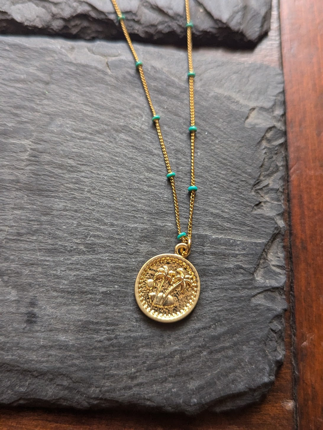 Gold Palm Tree Turquoise Beaded Necklace