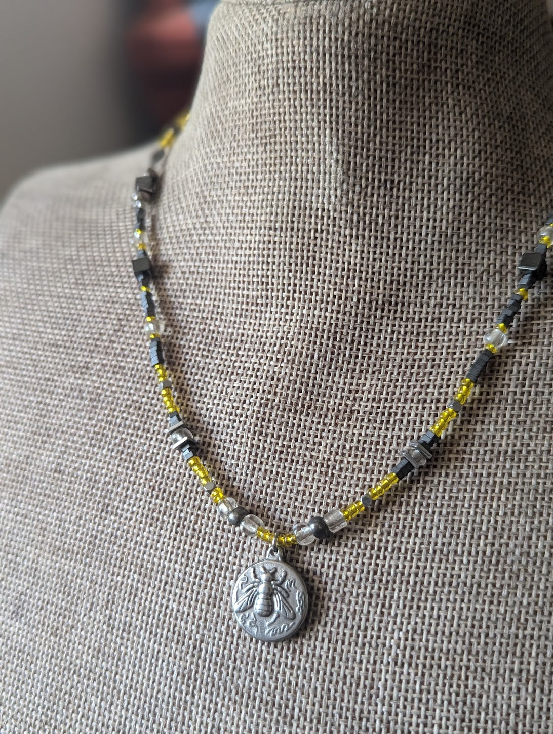 Hematite and Yellow Beaded Bumblebee Necklace