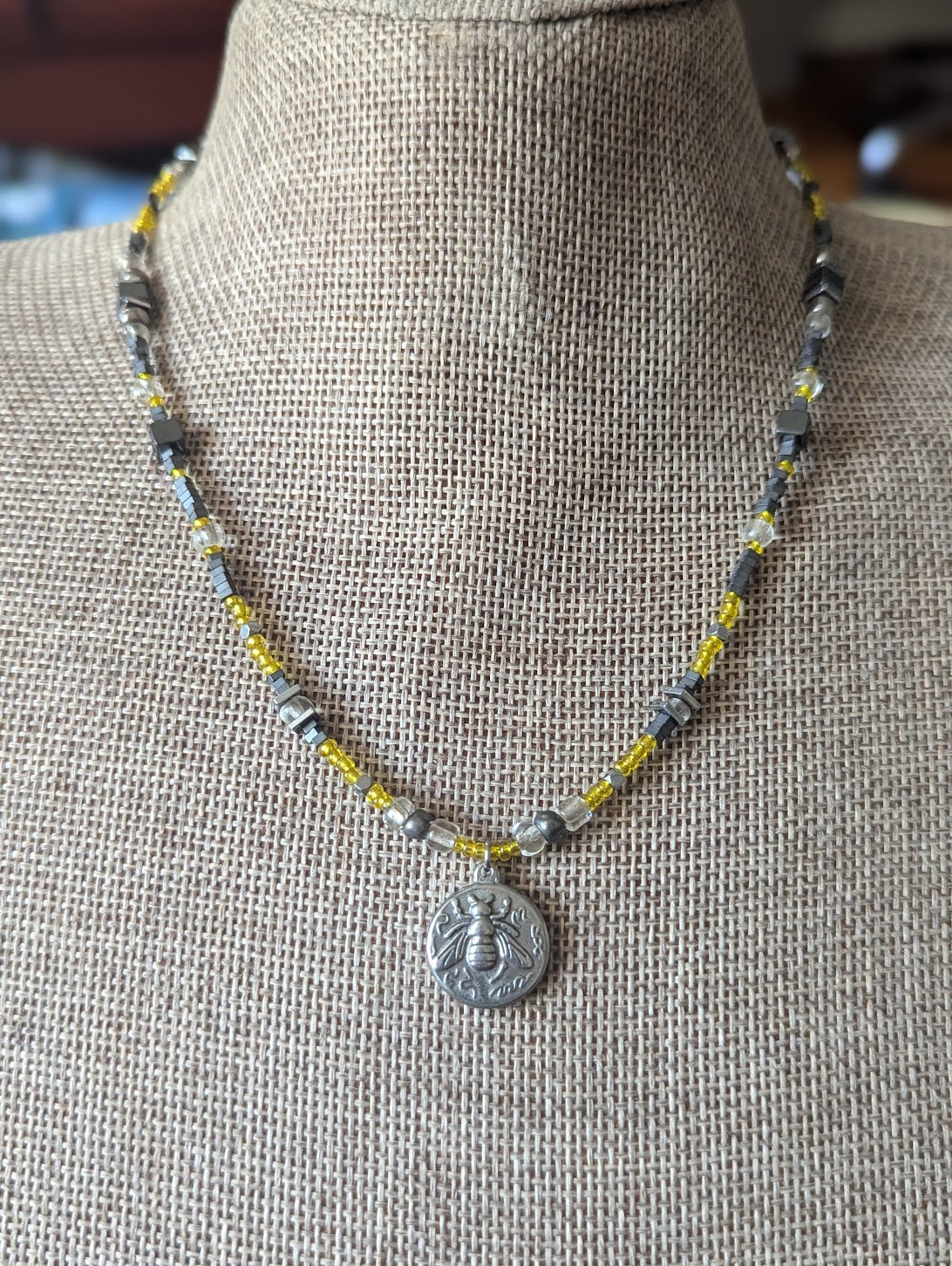 Hematite and Yellow Beaded Bumblebee Necklace