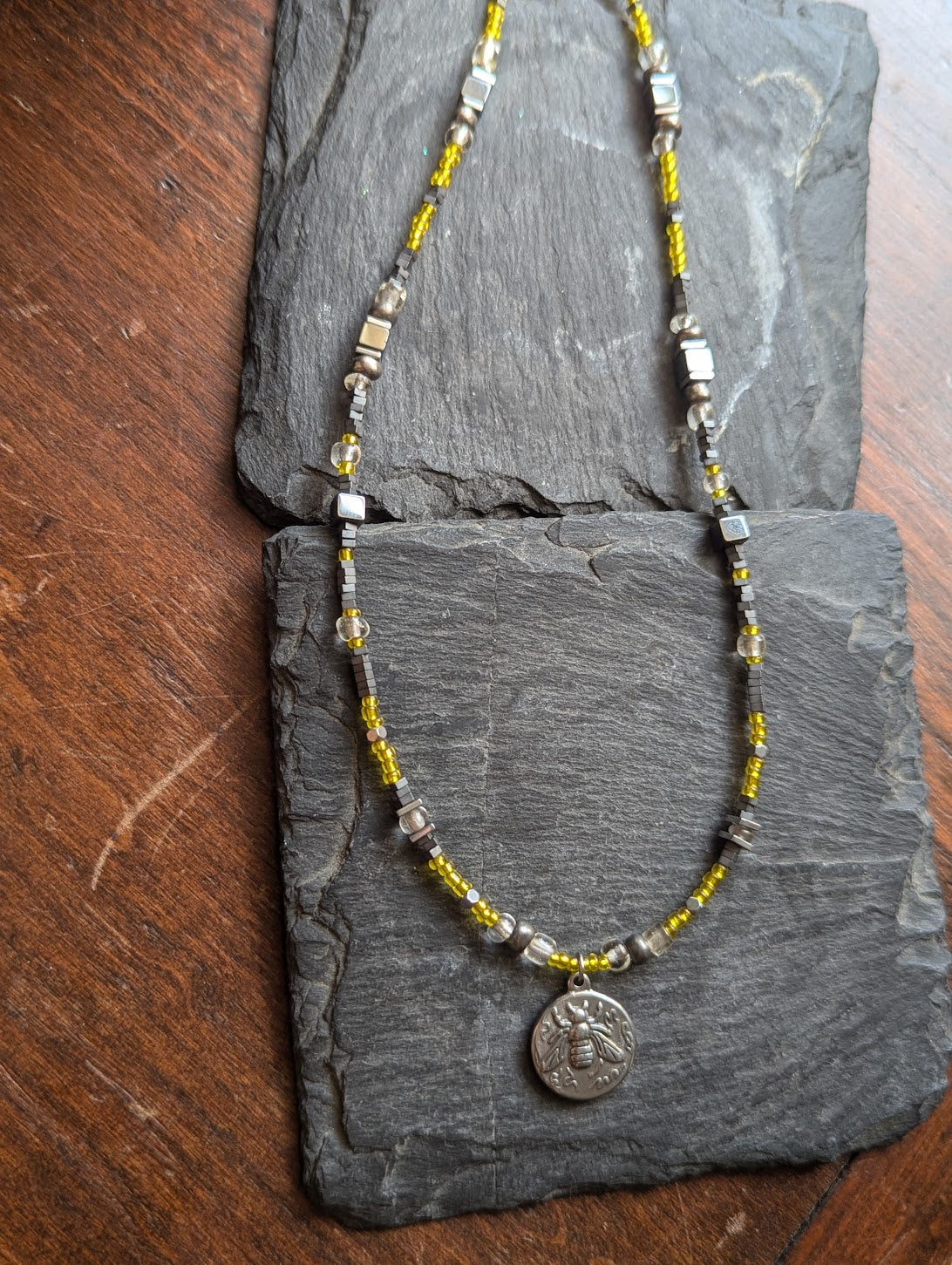 Hematite and Yellow Beaded Bumblebee Necklace