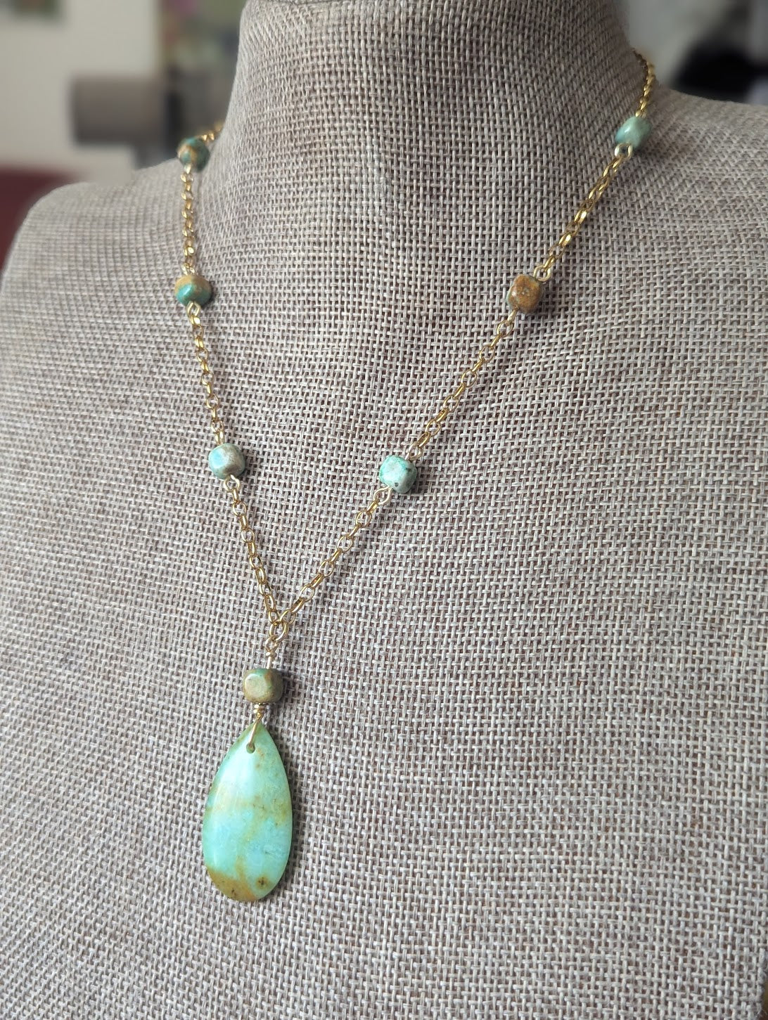 Chrysoprase and Turquoise Beaded Gold Stainless Necklace