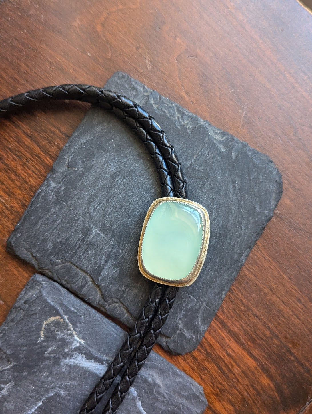 Aqua Chalcedony Black Leather Bolo Tie