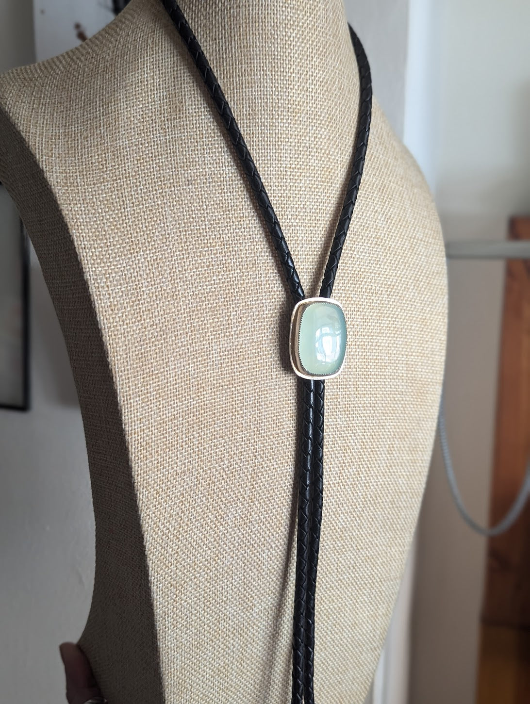 Aqua Chalcedony Black Leather Bolo Tie