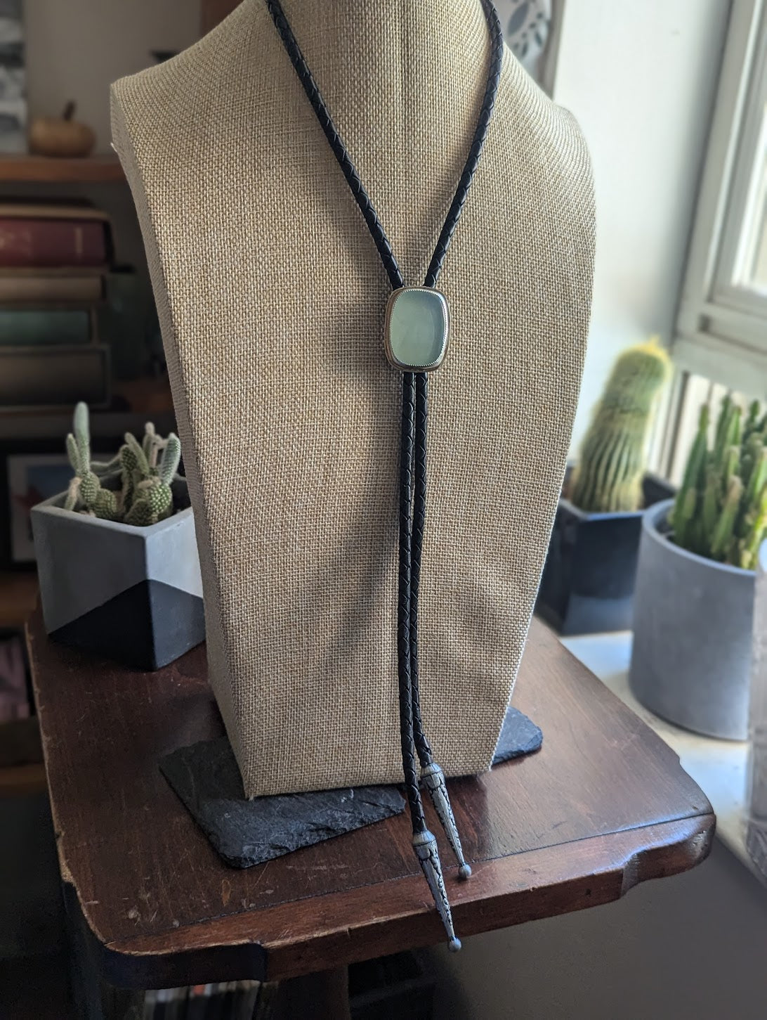 Aqua Chalcedony Black Leather Bolo Tie