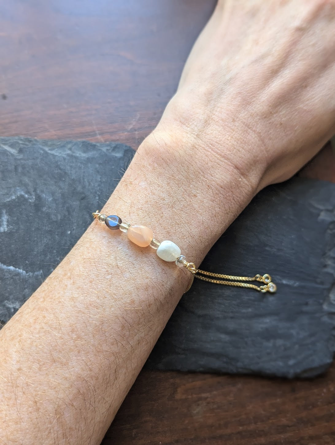 Peach Moonstone, Smoky Quartz, Moonstone Gold Slider Bracelet