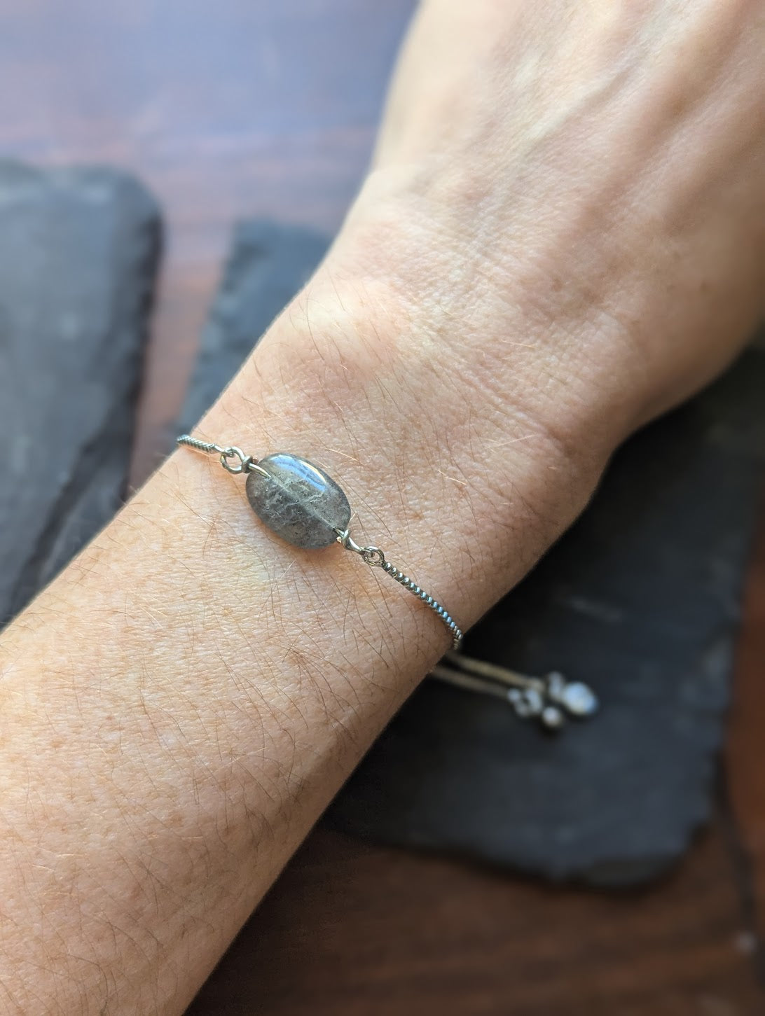 Oval Labradorite Silver Slider Bracelet