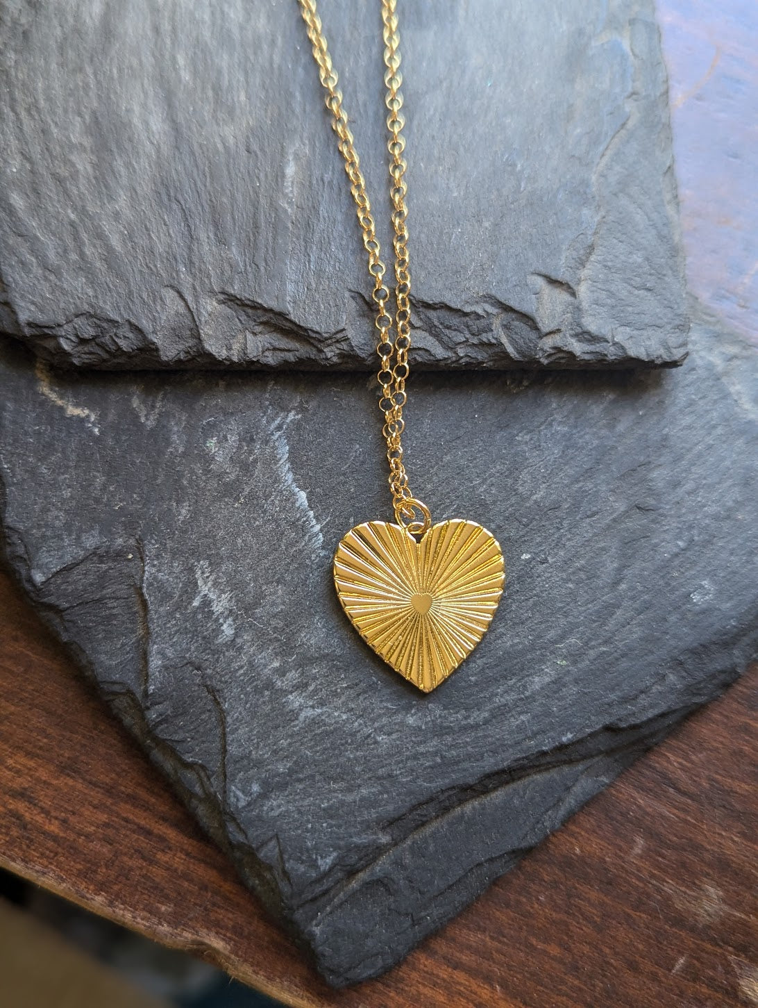 Etched Burst 14kGF Heart Necklace