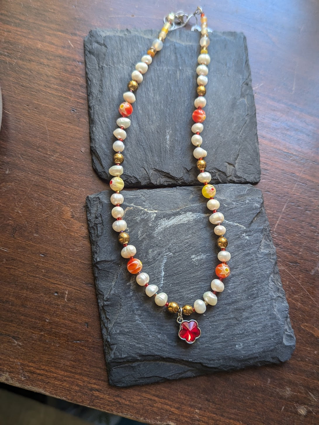 Freshwater Pearl and Red Glass Filigree Beaded Necklace