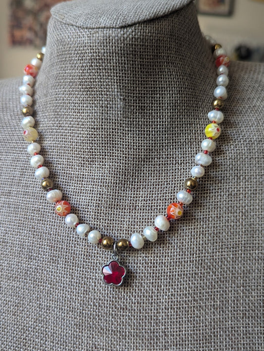 Freshwater Pearl and Red Glass Filigree Beaded Necklace