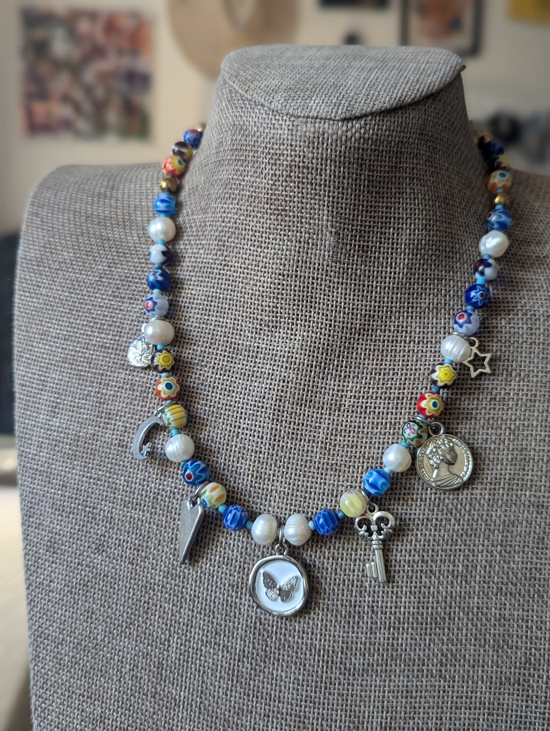 Freshwater Pearl and Blue Glass Filigree Beaded Silver Charm Necklace