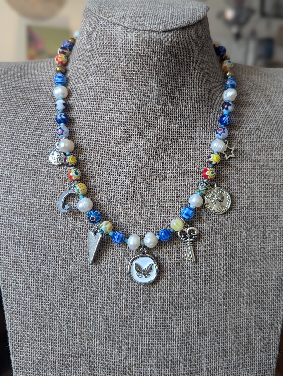 Freshwater Pearl and Blue Glass Filigree Beaded Silver Charm Necklace