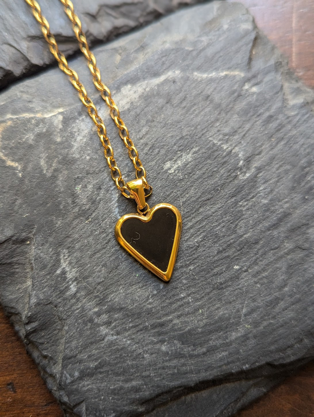 Black Enamel Heart Gold Stainless Necklace