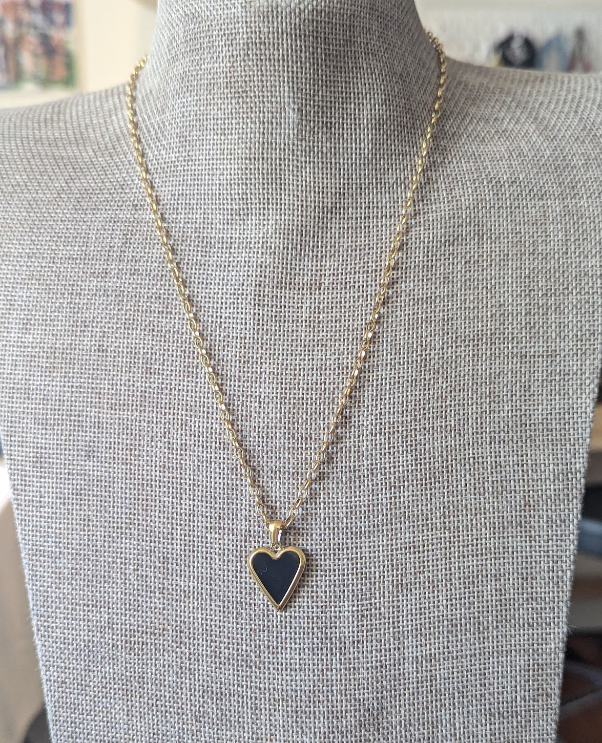 Black Enamel Heart Gold Stainless Necklace