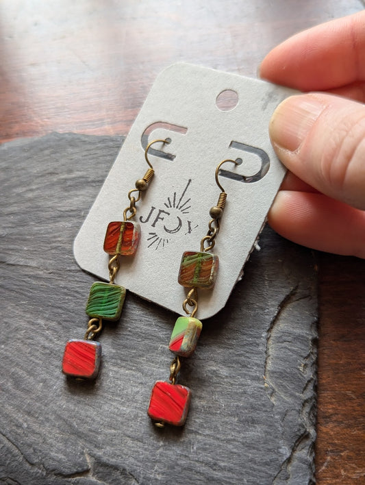Red and Green Glass Square Wire-Wrapped Brass Earrings