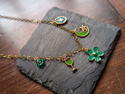 Gold Mixed Green Charm Necklace