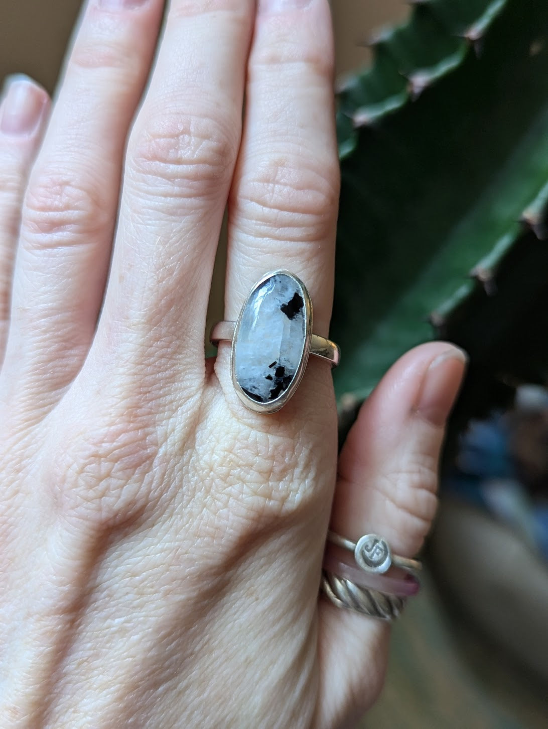 Rainbow Moonstone and Tourmaline Ring - Size 8