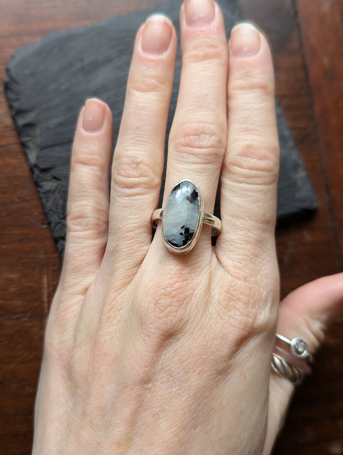 Rainbow Moonstone and Tourmaline Ring - Size 8