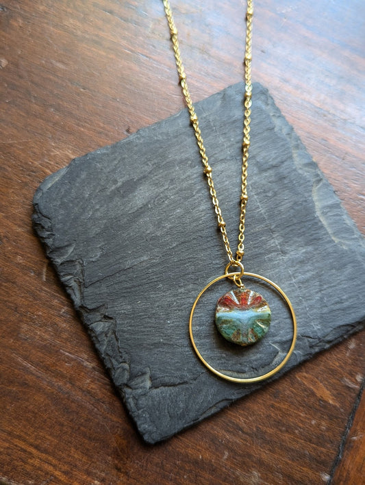 Red and Green Etched Glass Gold Loop Necklace