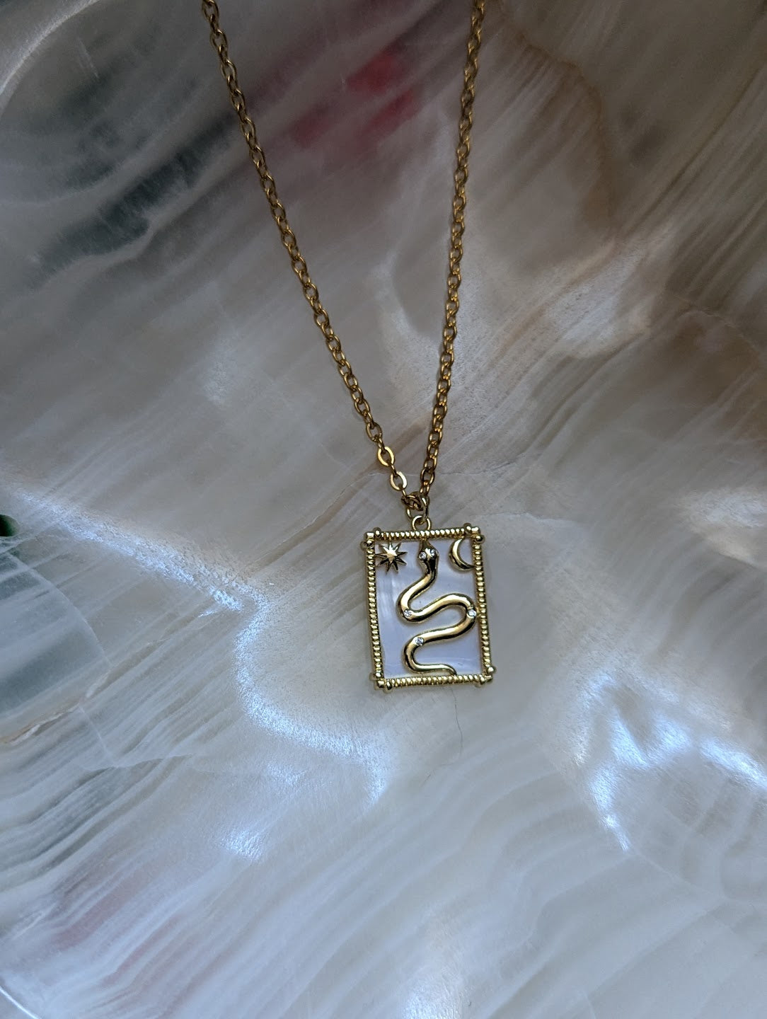 Snake Sun and Moon Pearl and Gold Rectangular Talisman